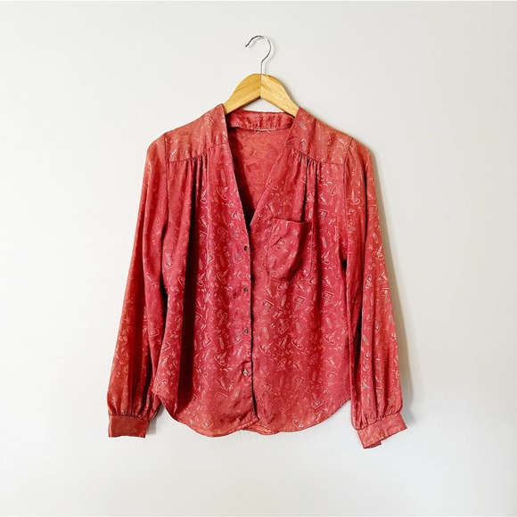 70s Mauve Pink Shiny Girl Dinner Print Blouse | Small - Picture 1 of 4